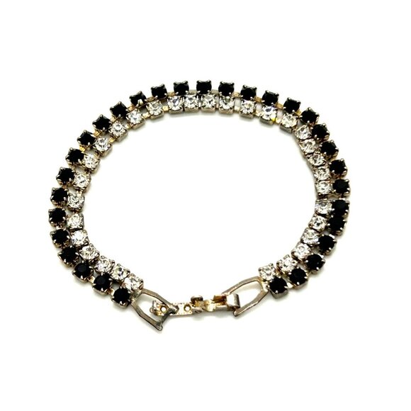 Vintage Tennis Bracelet With Black & Clear Rhinestones Silver Tone 6.5 Inches Lo - Picture 4 of 11